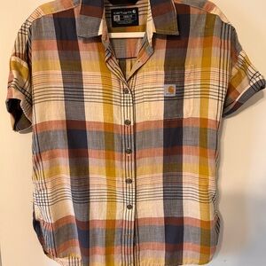 Carhartt Women’s Casual Plaid Shirt - Blue, Yellow, Brown (Twill)